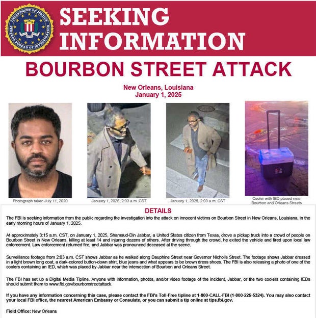 An FBI poster seeks information about the deadly attack on Bourbon Street in New Orleans on New Year's Day. 