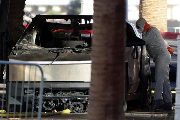 The remains of a Tesla Cybertruck that exploded and burned at the entrance of Trump Tower in Las Vegas 