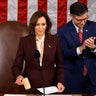 Vice President Kamala Harris and Speaker of the House Mike Johnson preside over a joint session of Congress to count the 2024 presidential electoral votes at the U.S. Capitol on Jan. 6, 2025, in Washington, D.C. 