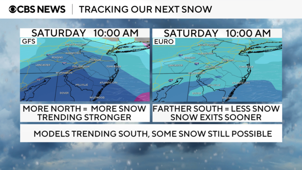 Two weather maps for 10 a.m. Saturday, both suggest snow but differ on how strong the storms will be 