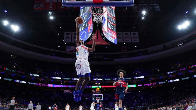 Philadelphia 76ers' Tyrese Maxey goes up for a shot during the first half of an NBA basketball game against the Washington Wizards 