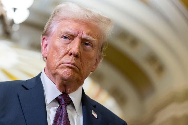 President-elect Donald Trump speaks to media after meeting with Republican senators at the U.S. Capitol on Jan. 8, 2025.  