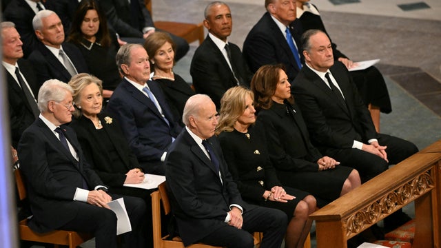 President Joe Biden, First Lady Lady Jill Biden, Vice President Kamala Harris, Second Gentleman Doug Emhoff, former President Bill Clinton, former Secretary of State Hillary Clinton, former President George W. Bush, his wife Laura Bush, former President Barack Obama, President-elect Donald Trump and his wife Melania Trump attend the State Funeral Service for former US President Jimmy Carter at the Washington National Cathedral in Washington, DC, on January 9, 2025.