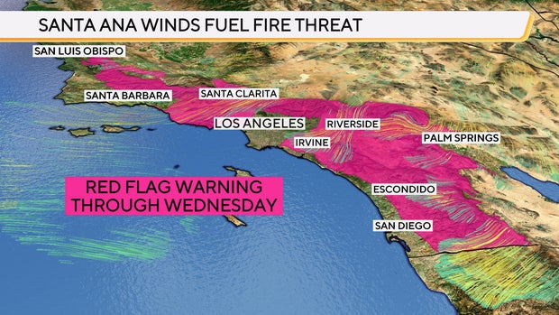 California red flag wind & fire warnings map