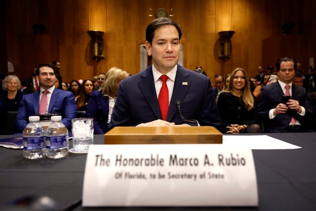 Sen. Marco Rubio arrives to testify at his confirmation hearing before the Senate Foreign Relations Committee on Wednesday, Jan. 15, 2025. 