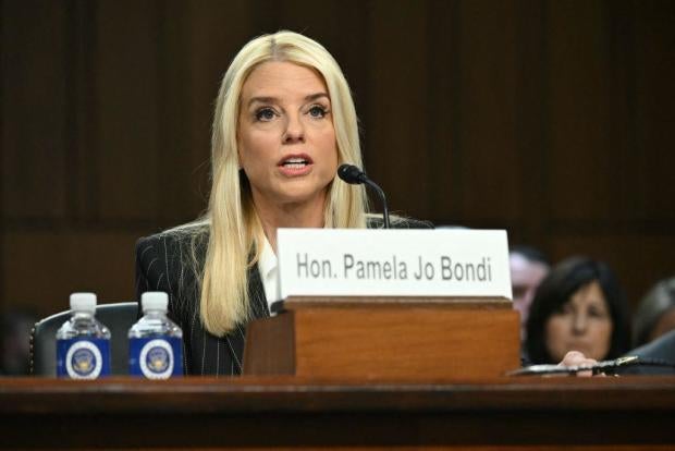 Former Florida Attorney General Pam Bondi testifies before a Senate Judiciary Committee hearing on her nomination to be attorney general on Capitol Hill on Jan. 15, 2025. 