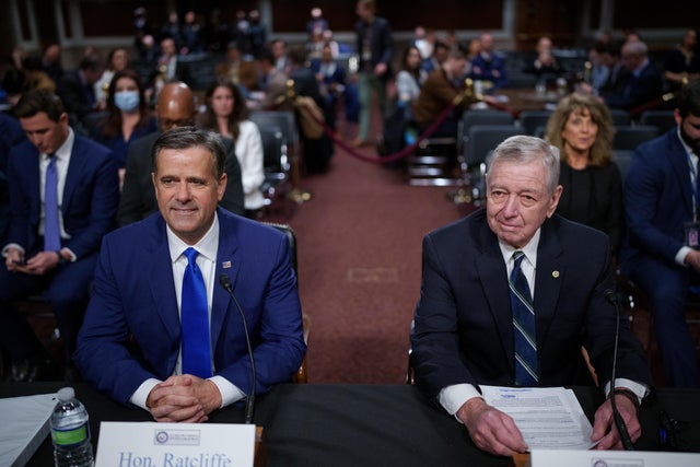 John Ratcliffe, left, is joined by former Attorney General John Ashcroft as he arrives for his confirmation hearing before the Senate Intelligence Committee on Capitol Hill on Jan. 15, 2025. 