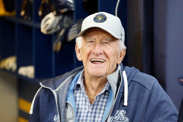 Milwaukee Brewers play-by-play announcer Bob Uecker stands in the dugout prior to the game between the New York Mets and the Milwaukee Brewers at American Family Field on April 3, 2023, in Milwaukee, Wisconsin. 