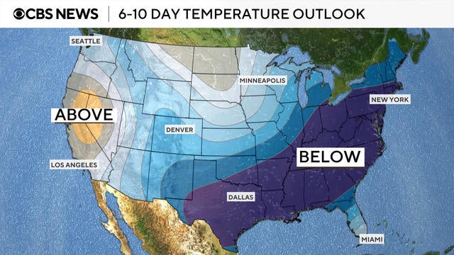 Map shows below-normal temperatures in the forecast for much of the South and East. 