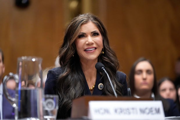 South Dakota Gov. Kristi Noem appears before the Senate Homeland Security and Governmental Affairs Committee for her confirmation hearing at the Capitol on Friday, Jan. 17, 2025.