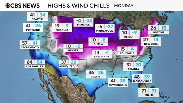 Map shows forecast high temperatures and wind chills for Monday, Jan. 20, 2025.