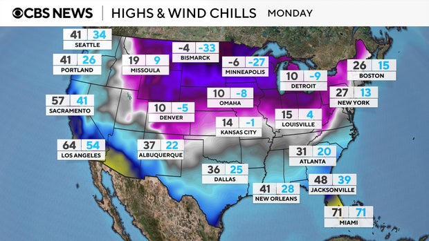 Map shows forecast high temperatures and cold air for Monday, January 20, 2025.