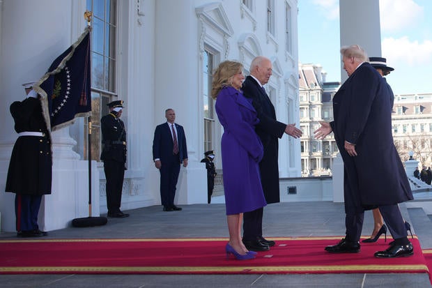 First lady Jill Biden and President Joe Biden greet President-elect Donald Trump and Melania Trump at the White House