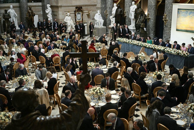 An overall view inside Statuary Hall as President Donald Trump and First Lady Melania Trump attend a luncheon following the inauguration ceremony on Jan. 20, 2025.
