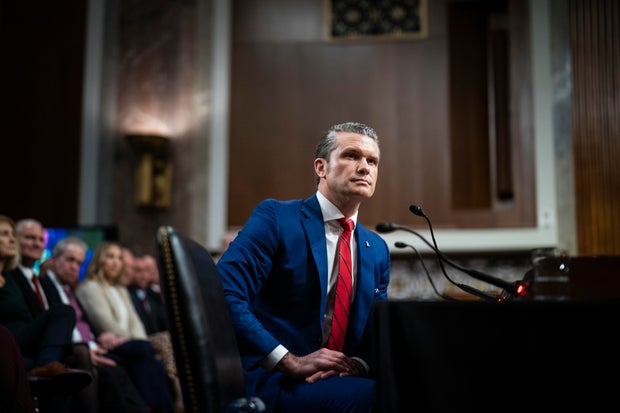 Pete Hegseth, President Trump's choice to be Secretary of Defense, appears during a Senate Armed Services Committee confirmation hearing on Capitol Hill in Washington, DC, Tuesday, Jan. 14, 2025.