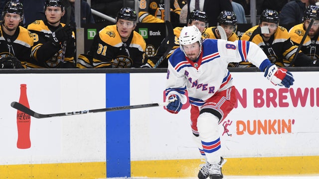 J.T. Miller #8 of the New York Rangers skates against the Boston Bruins on February 1, 2025, at the TD Garden in Boston, Massachusetts. 
