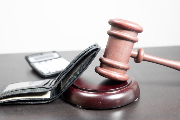 judge's gavel,  empty wallet 