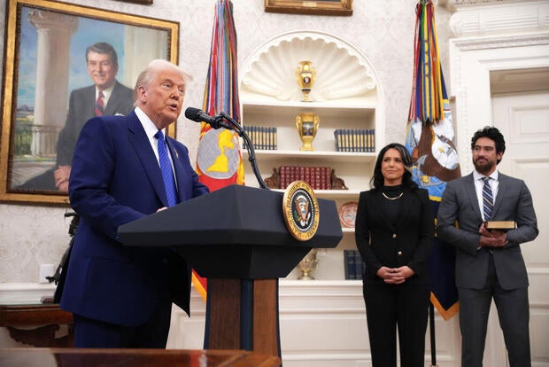 President Trump speaks before Tulsi Gabbard is sworn in as director of national intelligence in the Oval Office at the White House in Washington, D.C., on Feb. 12, 2025. 