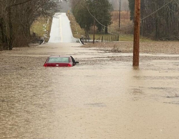 A flooded road in Warren County, Kentucky