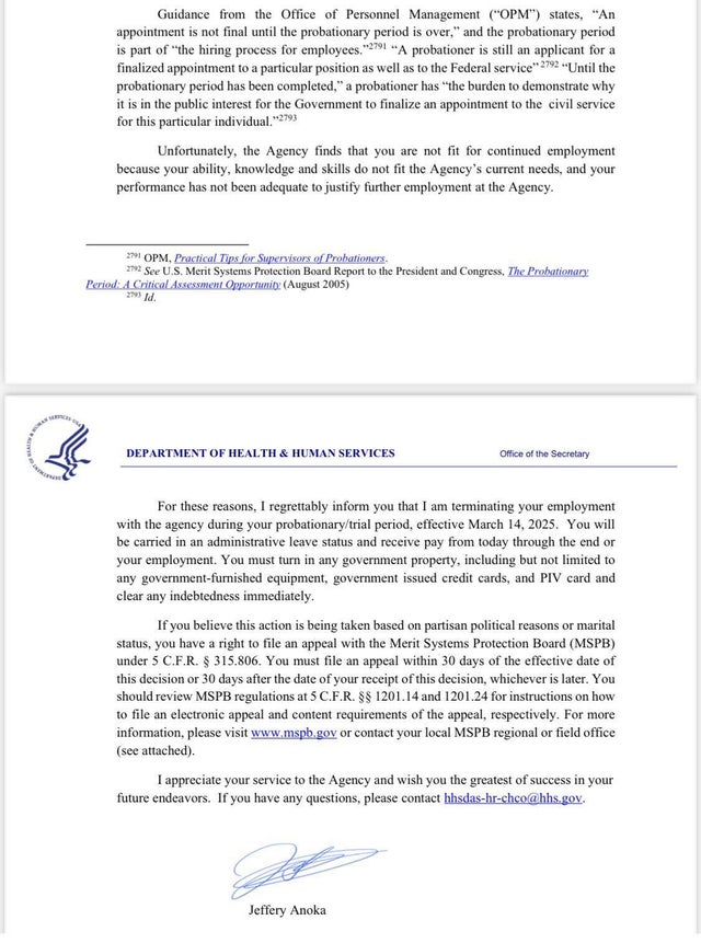 Thousands of probationary federal health agency workers fired by letter this weekend