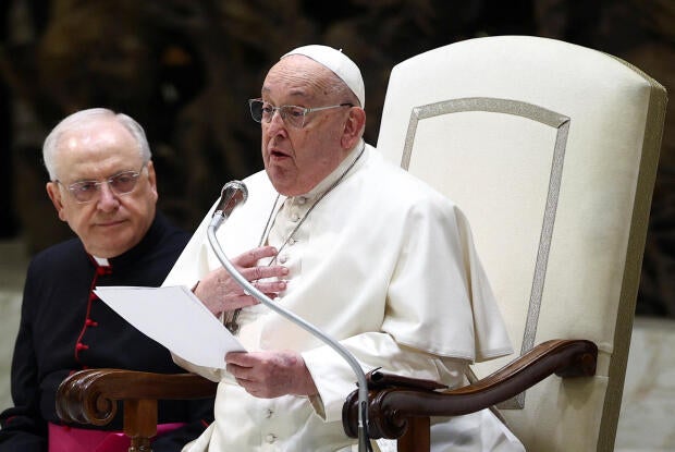 Pope Francis speaks during his weekly general audience, in Paul VI Audience Hall at the Vatican, Feb. 12, 2025.