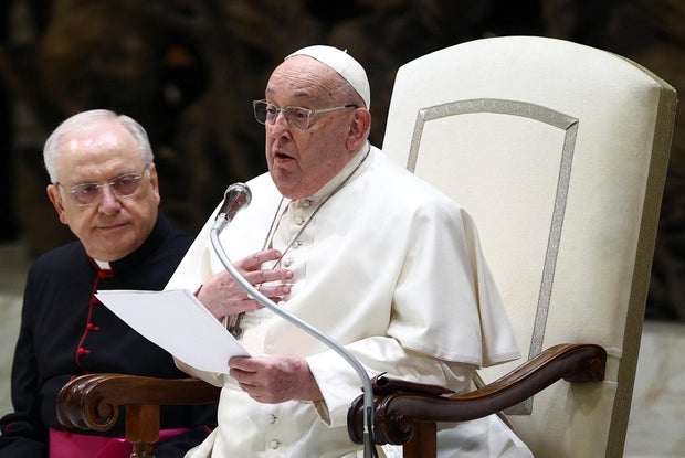 Pope Francis speaks among the weekly general audience, held on February 12, 2025 in the Paul VI Audience Hall in the Vatican.