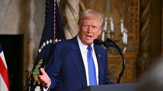 President Trump speaks during the signing of executive orders at his Mar-a-Lago resort in Palm Beach, Florida, on Feb. 18, 2025. 