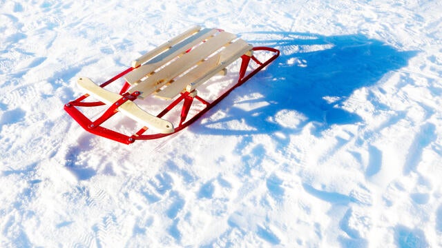 Sled in fresh snow tracks fun fast playing in winter 