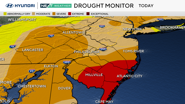 A weather map showing that much of the Philadelphia region is under moderate, severe or extreme drought