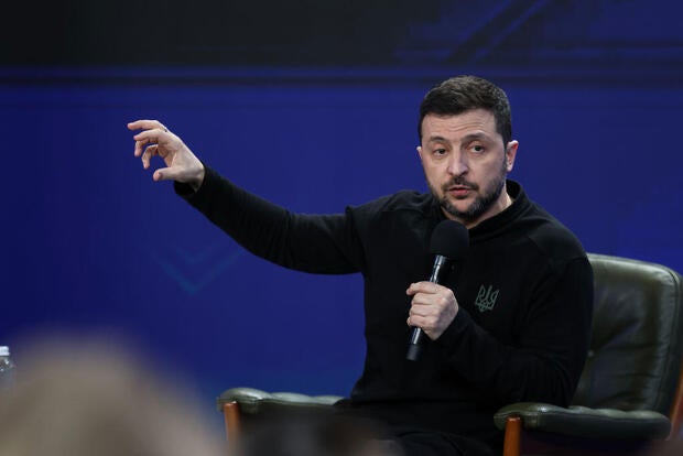 Ukrainian President Volodymyr Zelenskyy gives a press conference on Feb. 23, 2025, in Kyiv.