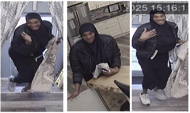 Three photos from surveillance of a person wearing all black, the suspect police say took the dog 