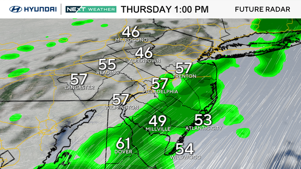 A weather map showing rain storms crossing Southern Delaware and New Jersey Thursday at 1 p.m. 