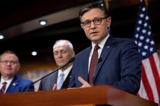 Speaker of the House Mike Johnson speaks at a press conference with other members of House Republican leadership in Washington D.C., on Feb. 25, 2025. 