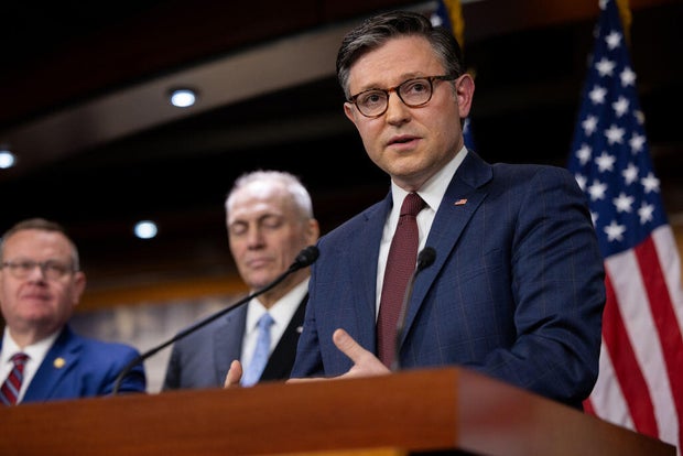Speaker of the House Mike Johnson speaks at a press conference with other members of House Republican leadership in Washington D.C., on Feb. 25, 2025.