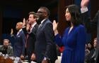 New York City Mayor Eric Adams, Denver Mayor Michael Johnston, Chicago Mayor Brandon Johnson, and Boston Mayor Michelle Wu are sworn in during a House Oversight Committee hearing on sanctuary cities at the U.S. Capitol in Washington, D.C., on March 5, 202 