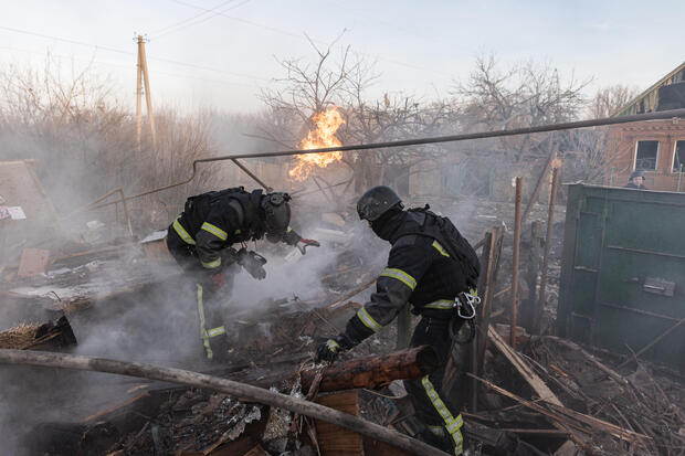 Firefighters respond after Russian shelling in Kostiantynivka, Ukraine 