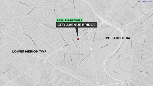 Map showing the City Avenue Bridge on City Avenue in Philadelphia and Lower Merion 