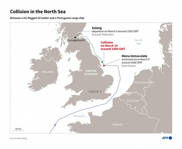 A map shows the paths of the MV Stena Immactial tanker and Solong Cargo ship colliding on the English coast of the North Sea on March 10, 2025.