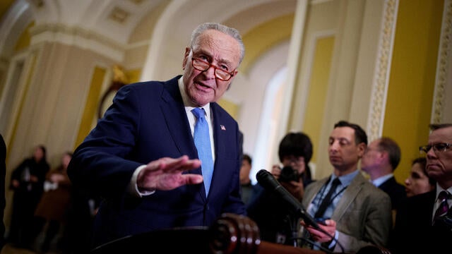 Senate Minority Leader Chuck Schumer speaks to reporters following a weekly Senate Democratic policy luncheon at the U.S. Capitol on February 19, 2025 in Washington, DC. 