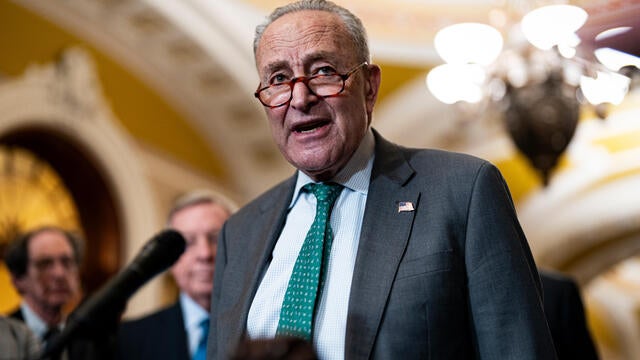 Senate Minority Leader Chuck Schumer speaks during a news conference following the weekly Senate Democrat policy luncheon at the US Capitol in Washington, DC, on Tuesday, March 11, 2025. 