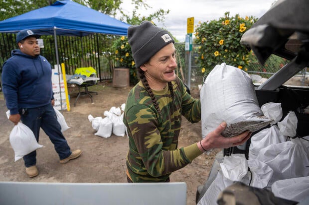 Sandbags distributed in anticipation of rains in Sierra Madre, CA 