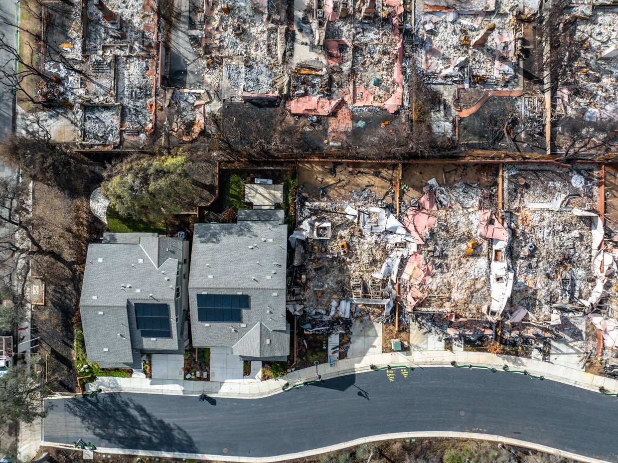 2025 Eaton Fire destroys most but not all homes in a neighborhood. 