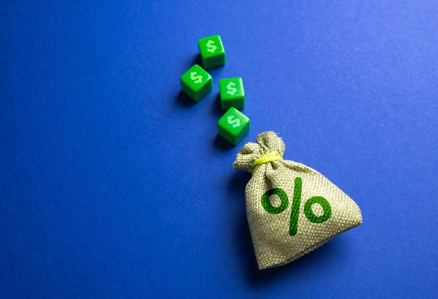 Money bag with interest and blocks with dollar symbols Concept of deposits and loans Earn on deposits Dividends
