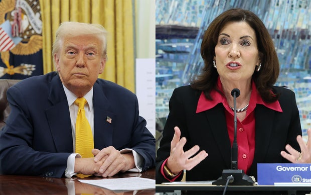 LEFT: President Donald Trump delivers remarks on the jobs report from the Oval Office at the White House on March 07, 2025 in Washington, DC.; RIGHT: Gov. Kathy Hochul speaks during the MTA Board's monthly meeting at Grand Central Madison on February 26,