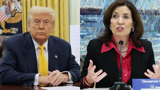 LEFT: President Donald Trump delivers remarks on the jobs report from the Oval Office at the White House on March 07, 2025 in Washington, DC.; RIGHT: Gov. Kathy Hochul speaks during the MTA Board's monthly meeting at Grand Central Madison on February 26, 