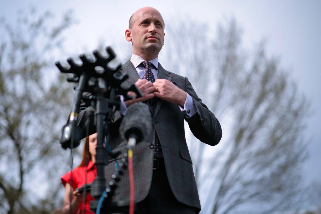 White House Deputy Chief of Staff Stephen Miller talks to reporters outside the West Wing in Washington, D.C., on March 19, 2025. 