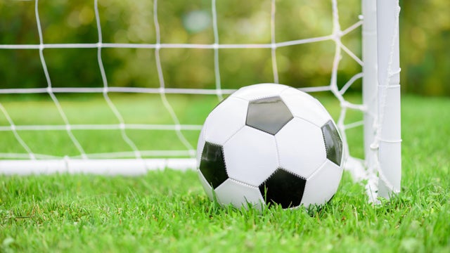 Classic football (soccer) ball on green grass ground in front of white goal with net 