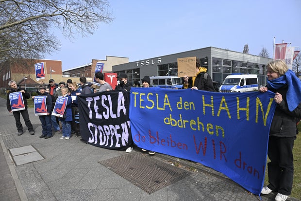 Protesters rally outside Berlin Tesla dealership in global action against Elon Musk