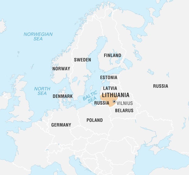 Lithuania is highlighted on a map of northern Europe. 