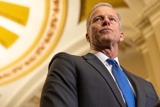 Senate Majority Leader John Thune speaks at a press conference with other members of Senate Republican leadership following weekly policy luncheons, in Washington, DC on March 25, 2025. 